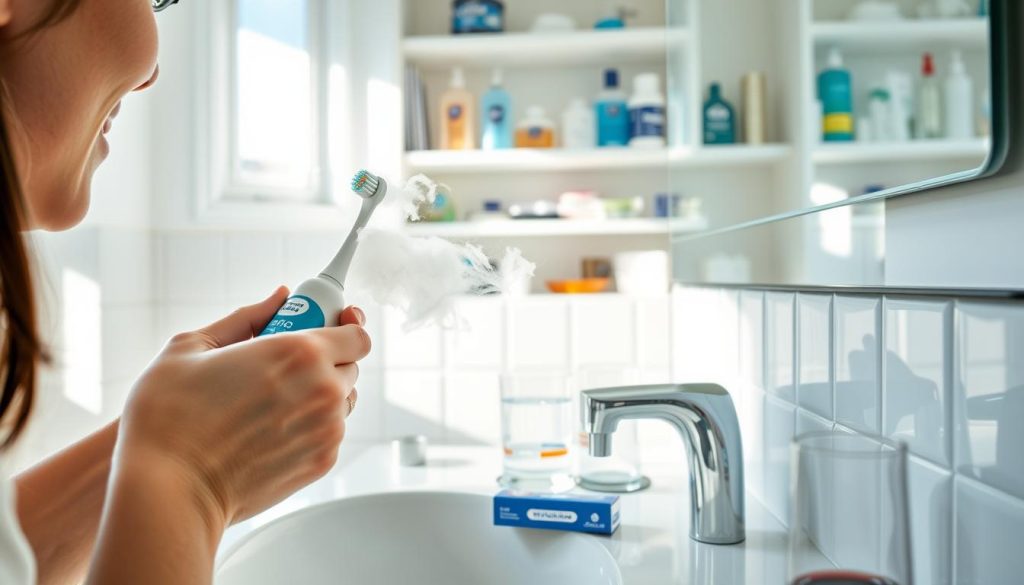 A bright, clean bathroom setting with a sink, mirror, and various oral hygiene products. In the foreground, a person's hands are carefully brushing their teeth with a electric toothbrush, creating a cloud of toothpaste foam. In the middle ground, an open tube of toothpaste, a glass of water, and a pack of dental floss are neatly arranged. The background features shelves stocked with mouthwash bottles, toothbrush holders, and other personal care items, all illuminated by natural light streaming through a window. The scene conveys a sense of a well-established daily routine focused on dental health and cleanliness.