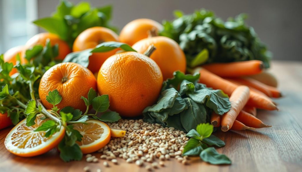 A bright, well-lit close-up photograph of a variety of fresh, healthy-looking fruits and vegetables, including oranges, leafy greens, carrots, and whole grains, arranged in a visually appealing composition on a wooden table or surface. The items should be carefully selected and positioned to convey the idea of a nutritious, balanced diet for gum health. The lighting should be natural and diffused, creating a warm, inviting atmosphere. The focus should be sharp, with a slightly shallow depth of field to emphasize the textures and colors of the food items. The overall mood should be one of vitality, health, and well-being.