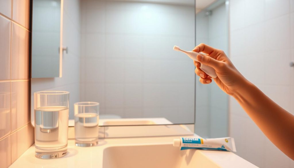 A brightly lit bathroom setting, with a modern, minimalist aesthetic. In the foreground, a person's hands are carefully brushing their teeth, using a white electric toothbrush. The middle ground features a glass of water, dental floss, and a tube of toothpaste, neatly arranged on a sleek, white vanity. The background showcases a large mirror, reflecting the scene, and a clean, tiled wall in a soothing, neutral color palette. Soft, warm lighting casts a gentle glow, creating a serene and hygienic atmosphere, emphasizing the importance of daily oral hygiene habits.