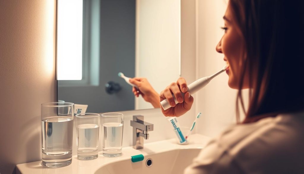 A clean, well-lit bathroom setting with a sleek, modern sink vanity and mirror. In the foreground, a person is carefully brushing their teeth with an electric toothbrush, their face focused and intent. Surrounding them, various dental hygiene items are neatly arranged - a glass of water, a tube of toothpaste, dental floss, and a small cup holding a toothbrush and tongue scraper. The lighting is warm and inviting, casting a soft glow on the scene. The overall atmosphere conveys a sense of personal care and attention to detail, emphasizing the importance of daily dental hygiene habits for maintaining a healthy smile.
