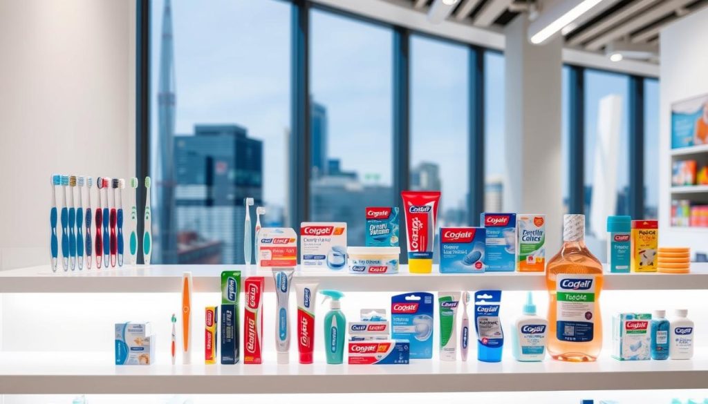 A clean, well-lit dental product display showcasing various oral care items such as toothbrushes, toothpaste, dental floss, and mouthwash. The products are neatly arranged on sleek white shelves, with a soft, even light illuminating the scene. In the background, a blurred cityscape can be seen through large windows, creating a sense of modern, urban sophistication. The overall mood is one of practicality and practicality, inviting the viewer to explore the deals and savings available on these essential dental products.
