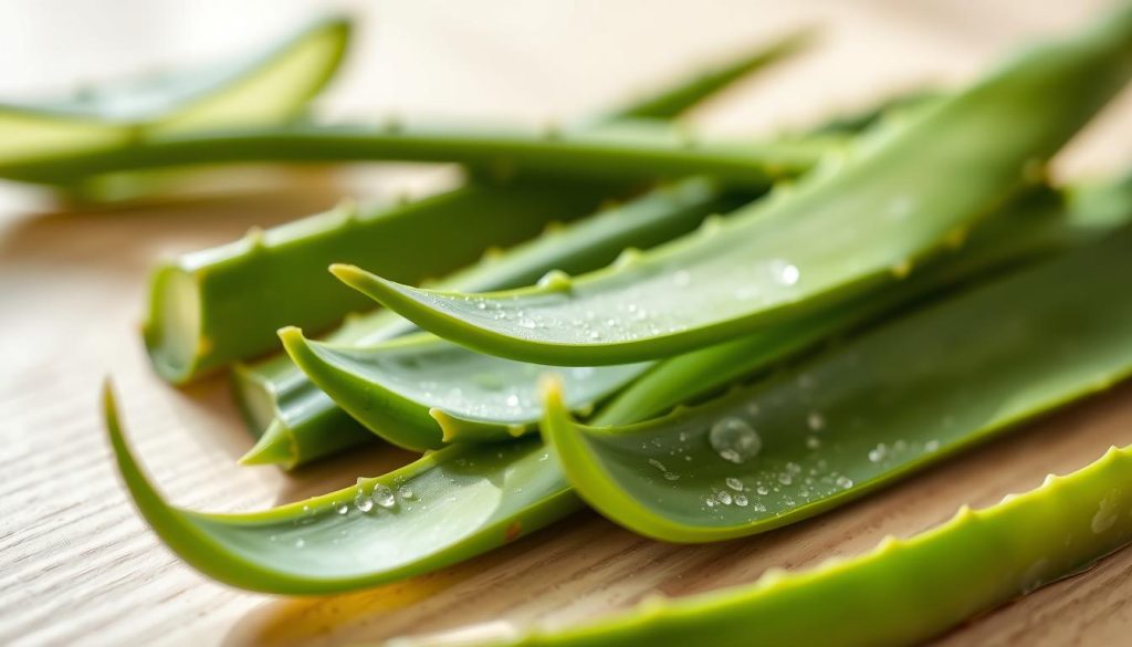 A close-up photograph of several fresh aloe vera leaves on a light wooden surface, showcasing their thick, fleshy texture and vibrant green color. The leaves are arranged in a natural, organic composition, capturing the soothing and restorative essence of this plant. Soft, natural lighting illuminates the scene, creating a calming and serene atmosphere. The image is captured with a shallow depth of field, gently blurring the background to focus the viewer's attention on the detailed aloe vera leaves and their potential for supporting healthy gums.
