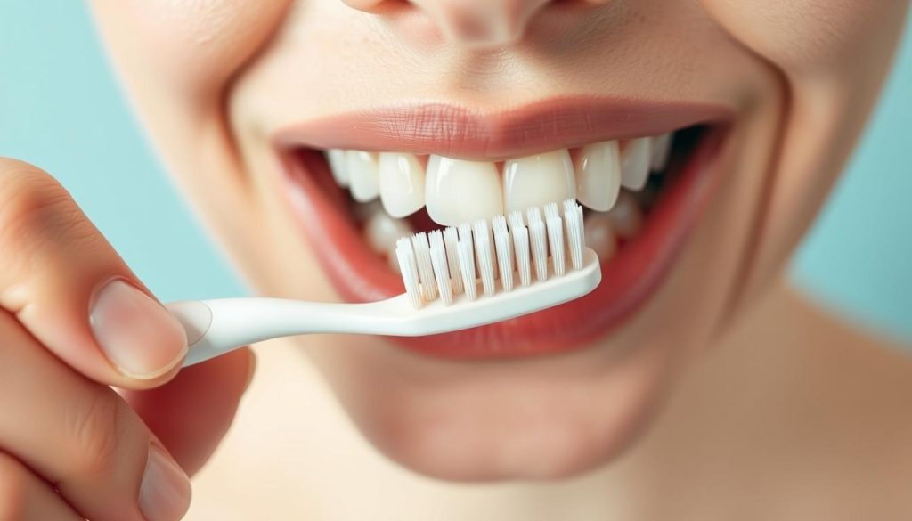 A close-up view of a hand meticulously brushing teeth with a soft-bristled toothbrush. The teeth are bright white against a pastel blue background, creating a calming and serene atmosphere. The brushing motion is depicted with precision, showcasing the proper techniques of angled strokes, gentle circular motions, and thorough coverage of all tooth surfaces. The lighting is soft and diffused, illuminating the scene with a natural, almost clinical feel. The image aims to visually guide the viewer through the essential steps of a thorough and effective morning oral care routine.
