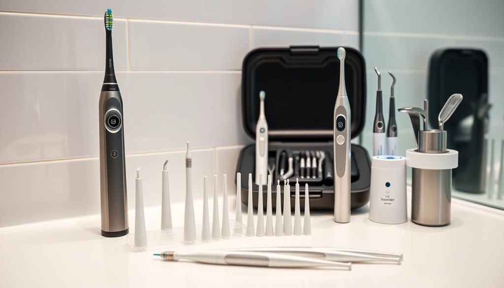 A closeup view of a modern bathroom counter, neatly arranged with a variety of high-tech oral care tools. In the foreground, an electric toothbrush with interchangeable heads, a sleek water flosser with multiple nozzle tips, and a pack of interdental brushes. In the middle ground, a set of dental mirrors and probes, along with a compact UV sanitizing case for storing the tools. The background features a minimalist tiled wall with subtle ambient lighting, creating a clean, professional aesthetic suitable for a medical or dental setting.