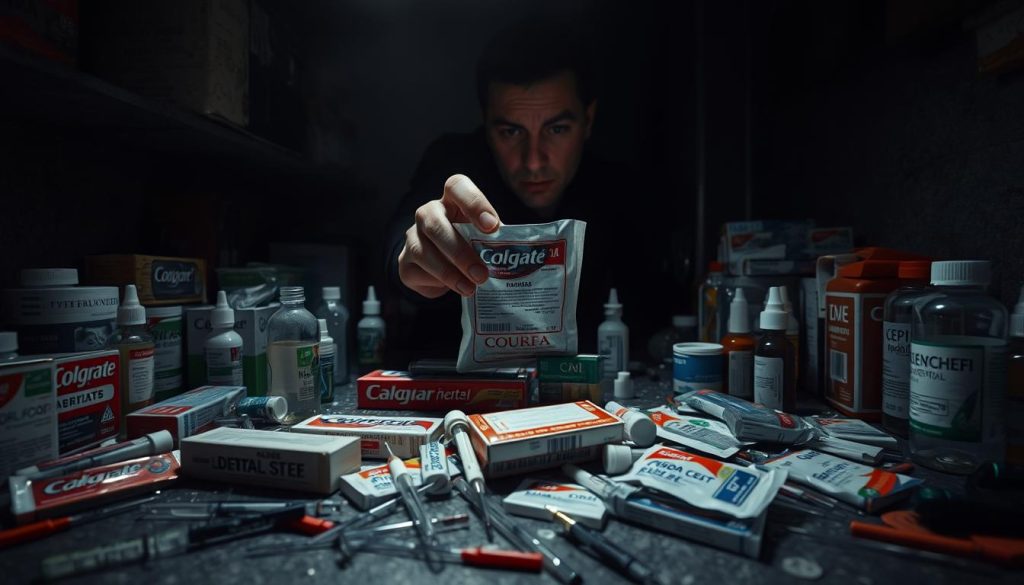 A dimly lit, grungy counter displaying a disorderly array of suspicious dental products. Poorly packaged and with dubious branding, the items appear to be counterfeit versions of common oral care essentials. The foreground is cluttered with syringes, vials, and unidentifiable tools, hinting at the dangerous nature of these illicit goods. In the middle ground, a hand reaches out from the shadows, examining a package with a skeptical expression. The background is obscured, casting an ominous and untrustworthy atmosphere over the entire scene. Dramatic chiaroscuro lighting creates deep shadows, heightening the sense of unease and the illicit nature of the subject matter.