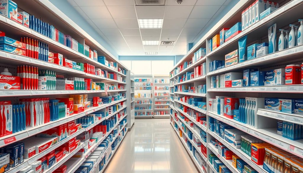 A meticulously designed dental aisle in a well-lit pharmacy, showcasing an array of toothbrushes, toothpaste, floss, and other oral care products attractively displayed on sleek, modern shelves. The lighting is warm and inviting, casting a soft glow over the merchandise, highlighting the vibrant colors and textures of the items. The camera angle is slightly elevated, providing a comprehensive view of the neatly organized product selection, creating a sense of abundance and visual appeal. The overall atmosphere conveys a sense of professionalism, cleanliness, and the importance of dental health and hygiene.