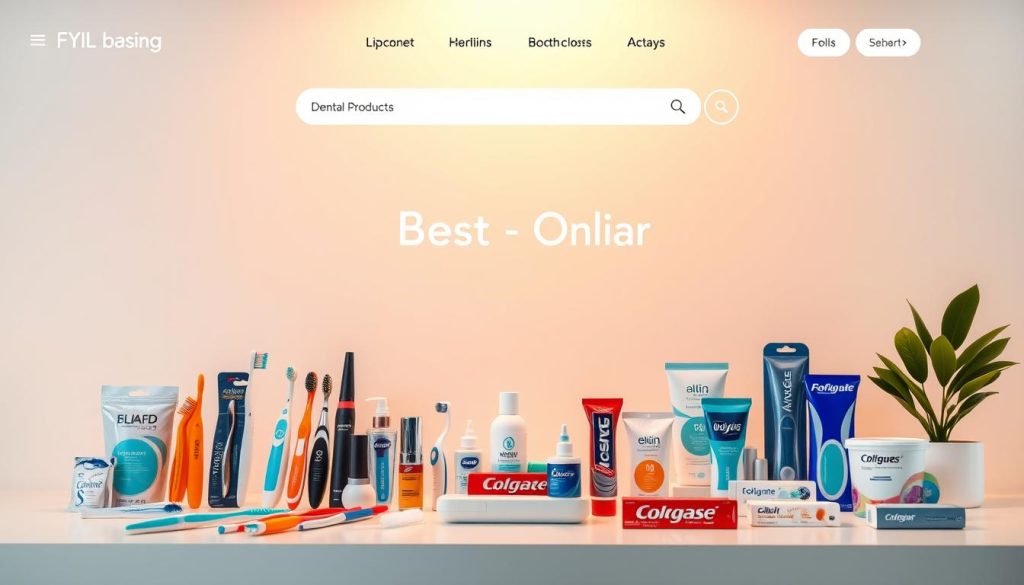 A sleek and modern online shopping website, showcasing an array of dental products. In the foreground, a clean and minimal product display with various oral care essentials, such as toothbrushes, toothpaste, and floss, arranged neatly. The middle ground features a search bar and a navigation menu, allowing users to easily browse and find the best deals. The background is a soft, gradient-based color palette, creating a calming and professional atmosphere. Warm, diffused lighting gently illuminates the scene, emphasizing the high-quality and premium nature of the products. The overall composition conveys a sense of efficiency, convenience, and trustworthiness, inviting the viewer to explore and discover the best dental product deals online.