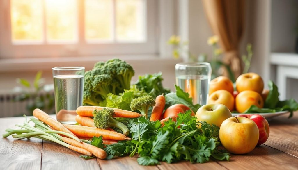 A vibrant still life showcasing a healthy diet for optimal dental health. In the foreground, an assortment of crisp, fresh vegetables - carrots, broccoli, and leafy greens - arranged artfully on a wooden table. In the middle ground, a glass of refreshing water and a plate of juicy, crunchy apples. The background features a window overlooking a lush, verdant garden, bathed in warm, golden sunlight filtering through. The overall composition radiates a sense of balance, vitality, and wholesome goodness, reflecting the importance of a nutritious diet for maintaining strong, healthy teeth.