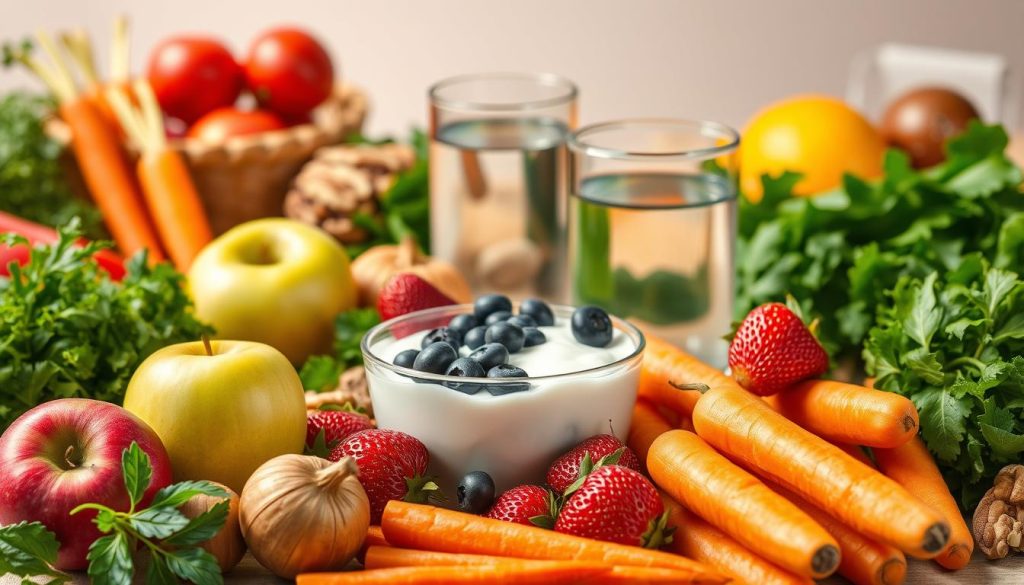 A vibrant still life showcasing a variety of nutrient-rich foods known to support oral health. In the foreground, fresh crisp apples, crunchy carrots, and juicy strawberries are arranged artfully. In the middle ground, a bowl of Greek yogurt with blueberries and chia seeds sits alongside a glass of water. The background features leafy greens, nuts, and other ingredients associated with a tooth-friendly diet. Warm, diffused lighting casts a natural glow, emphasizing the vibrant colors and textures. Captured with a macro lens, the image conveys a sense of wellness, balance, and the power of preventative nutrition for maintaining healthy teeth and gums.