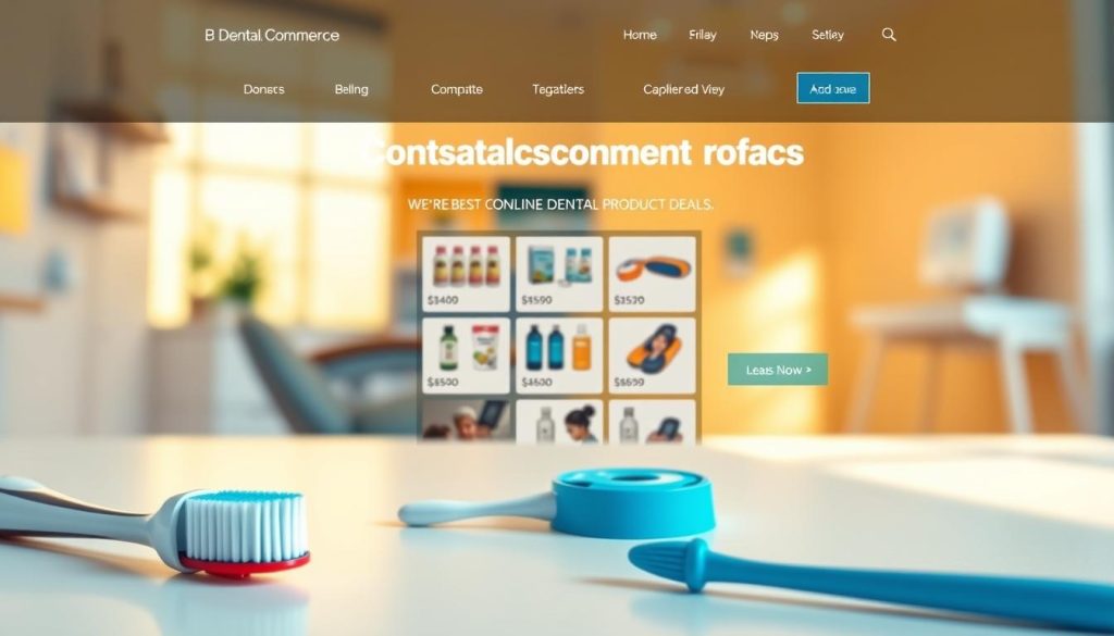 A vibrant, well-lit e-commerce website showcasing an array of dental products with enticing deals. In the foreground, a closeup of a toothbrush, toothpaste, and dental floss, arranged neatly on a clean, minimalist background. The middle ground features a grid of product images and pricing information, all set against a soft, blurred backdrop of a dental clinic or office setting. Warm, natural lighting illuminates the scene, creating a sense of trustworthiness and professionalism. The overall atmosphere conveys a balance of clinical expertise and consumer-friendly deals, inviting the viewer to explore the best online dental product offerings.