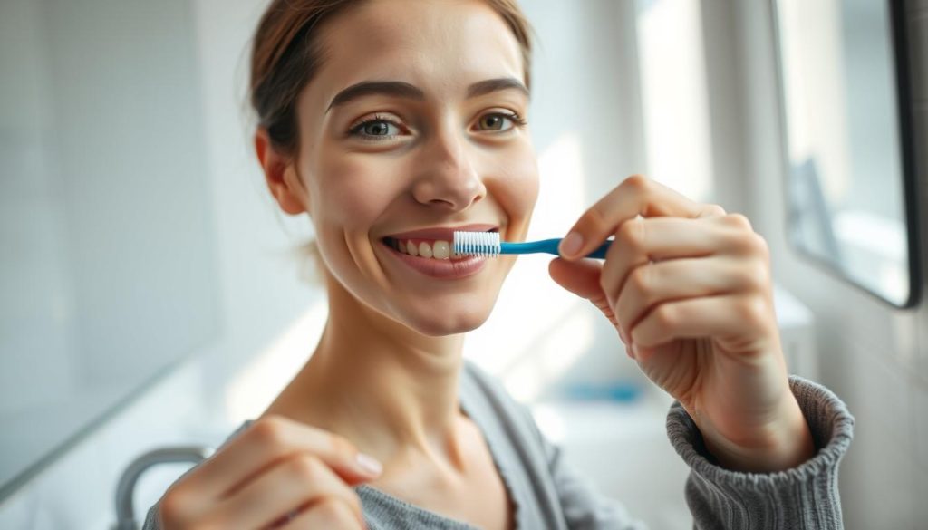A well-lit bathroom scene, with a person standing in front of a sink, holding a toothbrush in their hand. The person's face is in focus, showcasing proper brushing technique - gentle, circular motions along the gumline, covering all tooth surfaces. The background is blurred, emphasizing the brushing action. The scene is illuminated by soft, natural lighting coming through a window, creating a calming, educational atmosphere. The person's expression is one of concentration and care, demonstrating the importance of this essential oral hygiene practice.