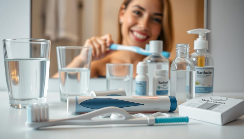 Detailed close-up of various oral hygiene tools and products arranged neatly on a white background. In the foreground, a toothbrush, toothpaste, dental floss, and a tongue scraper are displayed. In the middle ground, a glass of water, a mouthwash bottle, and a pack of dental picks are visible. The background features a soft, blurred image of a smiling person brushing their teeth in the bathroom mirror, illuminated by warm, natural lighting. The overall scene conveys a sense of cleanliness, health, and the importance of daily dental care routines for preventing tooth decay.