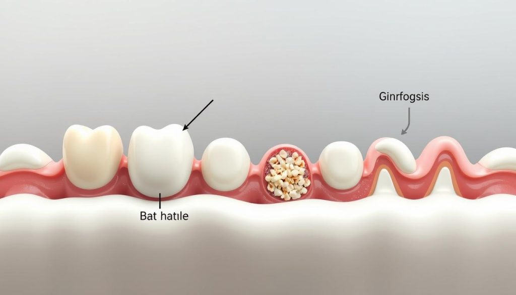 Detailed illustration of common gum disease causes, depicted in a clean, medical-style composition. A close-up view showcases the key factors contributing to gum problems: plaque buildup, tartar accumulation, and gingivitis inflammation. Rendered in a muted, clinical color palette with soft, directional lighting to highlight the textural details. The overall mood is informative and educational, conveying the importance of understanding the root causes of gum health issues.