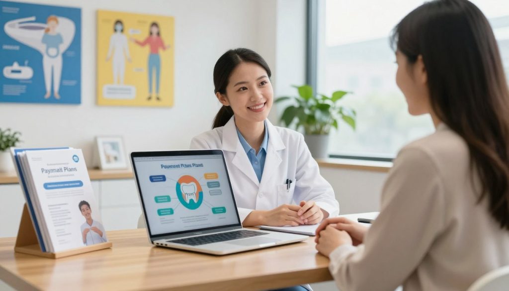 A bright and inviting dental office interior, focusing on a polished wooden table in the foreground with a modern laptop displaying a colorful infographic about dental payment plans. To the left, an aesthetically arranged folder containing brochures on affordable dental care options. In the middle ground, a friendly female dentist in a white coat and professional attire, engaged in a discussion with a patient, illustrating an atmosphere of trust and professionalism. The background features vibrant dental charts and a soothing green plant, enhancing the welcoming vibe. Soft, natural lighting floods the space through a large window, creating a warm and approachable ambiance. The perspective is slightly angled, emphasizing the interaction while capturing the essence of maximizing value in dental visits.
