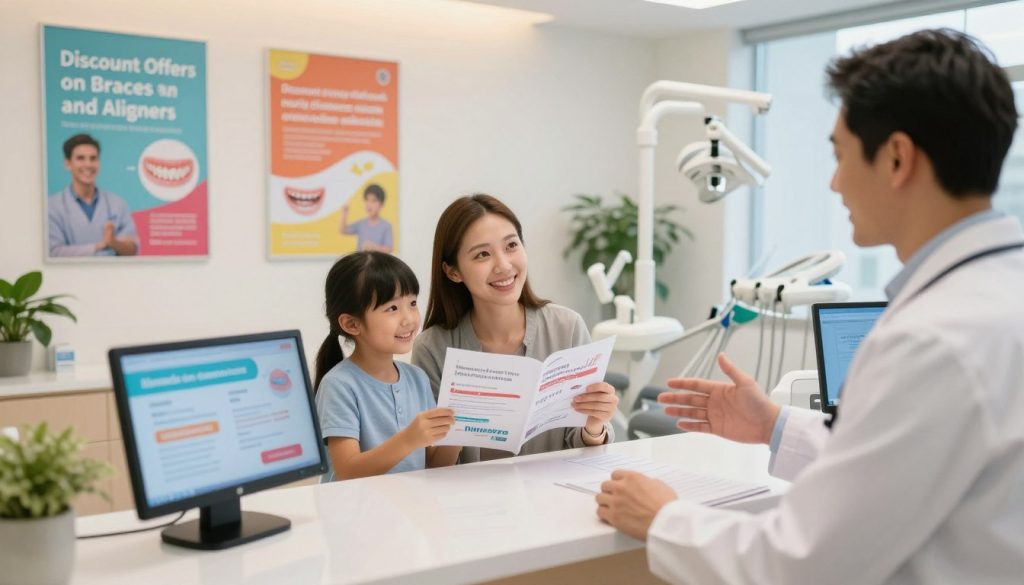 A bright and inviting orthodontic clinic scene, showing a modern reception area with sleek furniture and colorful promotional posters highlighting "Discount Offers on Braces and Aligners". In the foreground, a friendly orthodontist in a professional business attire gestures towards a digital screen displaying attractive deals. In the middle ground, a smiling family examines brochures about braces and aligners. The background features a well-organized space with dental equipment and plants, enhancing the welcoming atmosphere. Soft, warm lighting creates a comfortable ambiance, and the camera angle is slightly elevated to capture the entire scene, instilling a sense of optimism and opportunity for savings.