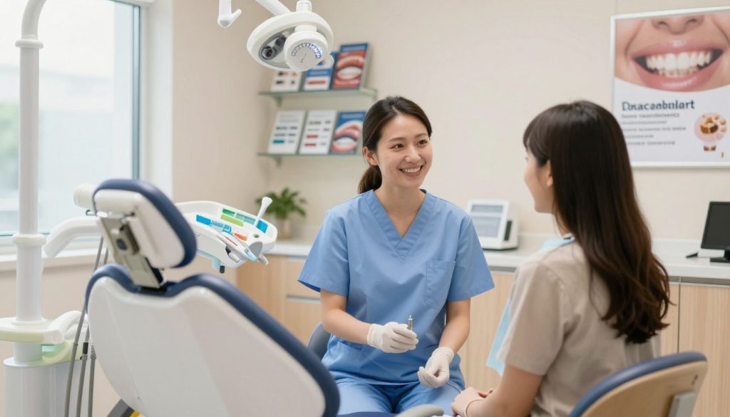 A modern dental clinic interior, showcasing a welcoming reception area with soothing colors and friendly décor. In the foreground, display a sleek dental chair positioned next to a bright window, reflecting natural light. The middle ground features a dental professional in professional attire, speaking with a patient, both smiling and appearing engaged in a consultation about affordable dental implants. In the background, include shelves with dental brochures highlighting low-cost options and a poster on the wall promoting dental health. Use a soft focus to create a warm, inviting atmosphere, emphasizing accessibility and care. The lighting should be bright and inviting, capturing a sense of hope and opportunity for patients seeking cost-effective dental solutions.