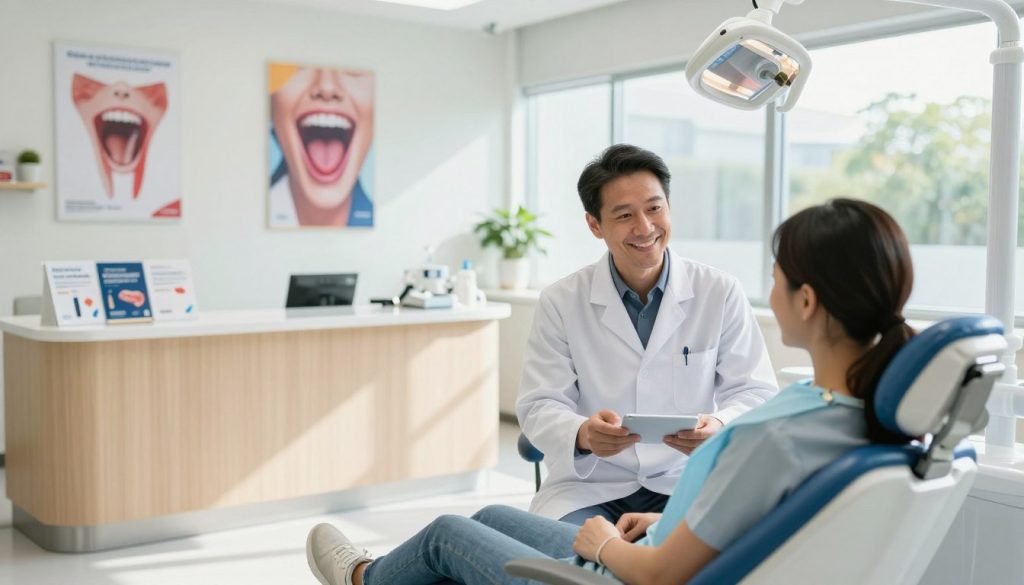 A modern dental clinic interior showcasing an inviting and professional atmosphere. In the foreground, a dental practitioner in a white coat and smart attire is discussing financing options with a patient seated comfortably in a dental chair, both engaged and smiling. In the middle ground, a stylish reception desk features brochures on affordable dental implants. The background highlights bright, clean surroundings with motivational dental health posters and soft, natural light streaming in through large windows. The overall mood is optimistic and reassuring, emphasizing a sense of trust and opportunity for budget-conscious patients seeking dental care solutions. The scene is captured with a wide-angle lens to accentuate the spaciousness and warmth of the clinic, creating a welcoming vibe without any distractions.