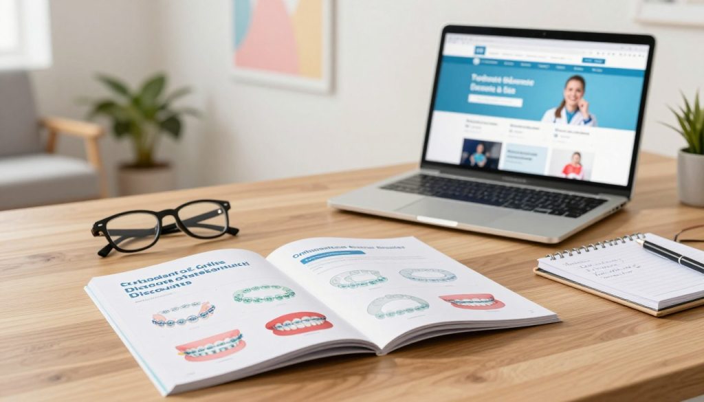 A visually appealing scene depicting an orthodontic discounts guide on a wooden desk. In the foreground, a well-organized brochure is open, featuring colorful graphics of braces and aligners. A pair of reading glasses is placed beside it. The middle ground showcases a sleek laptop displaying a website with discount offers, alongside a notepad filled with handwritten notes. The background features a softly blurred waiting room with potted plants and calming, pastel wall art related to dental care. The lighting is warm and inviting, creating a friendly atmosphere. The perspective is slightly angled, providing depth and interest to the layout while maintaining focus on the guide.
