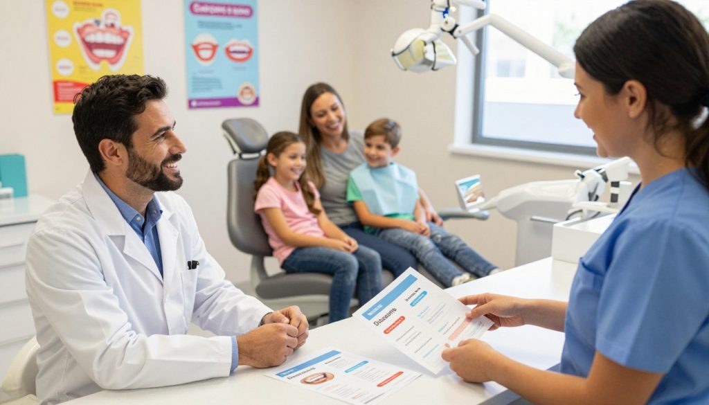 A warm, inviting dental office designed for families, showcasing a diverse group of parents and children engaging happily during a dental check-up. In the foreground, a friendly dentist in a white coat and a nurse wearing scrubs are discussing dental discounts while pointing at informative brochures displayed on a reception desk. The middle ground features a family sitting in comfortable chairs, smiling as they receive dental care tips. In the background, colorful posters about oral hygiene and savings hang on the walls. Soft, natural lighting floods the space, creating a cheerful and welcoming atmosphere. The composition should use a slightly elevated angle to capture the scene's warmth and community feel, emphasizing both care and affordability in family dental services.