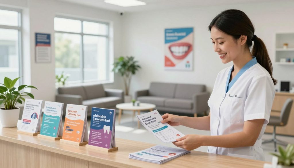 A welcoming dental office reception area showcasing various promotional materials for affordable dental service deals. In the foreground, a friendly dental assistant in professional attire is arranging colorful brochures that highlight special offers on teeth cleanings, check-ups, and cosmetic procedures. The middle ground features a comfortable waiting area with modern furniture, potted plants, and informative posters about dental health. In the background, sunlight streams through large windows, creating a bright and inviting atmosphere. The overall mood is positive and inviting, conveying a sense of accessibility and care. The image is shot at eye level with soft, natural lighting to enhance the welcoming feeling, encouraging viewers to explore affordable dental options nearby.